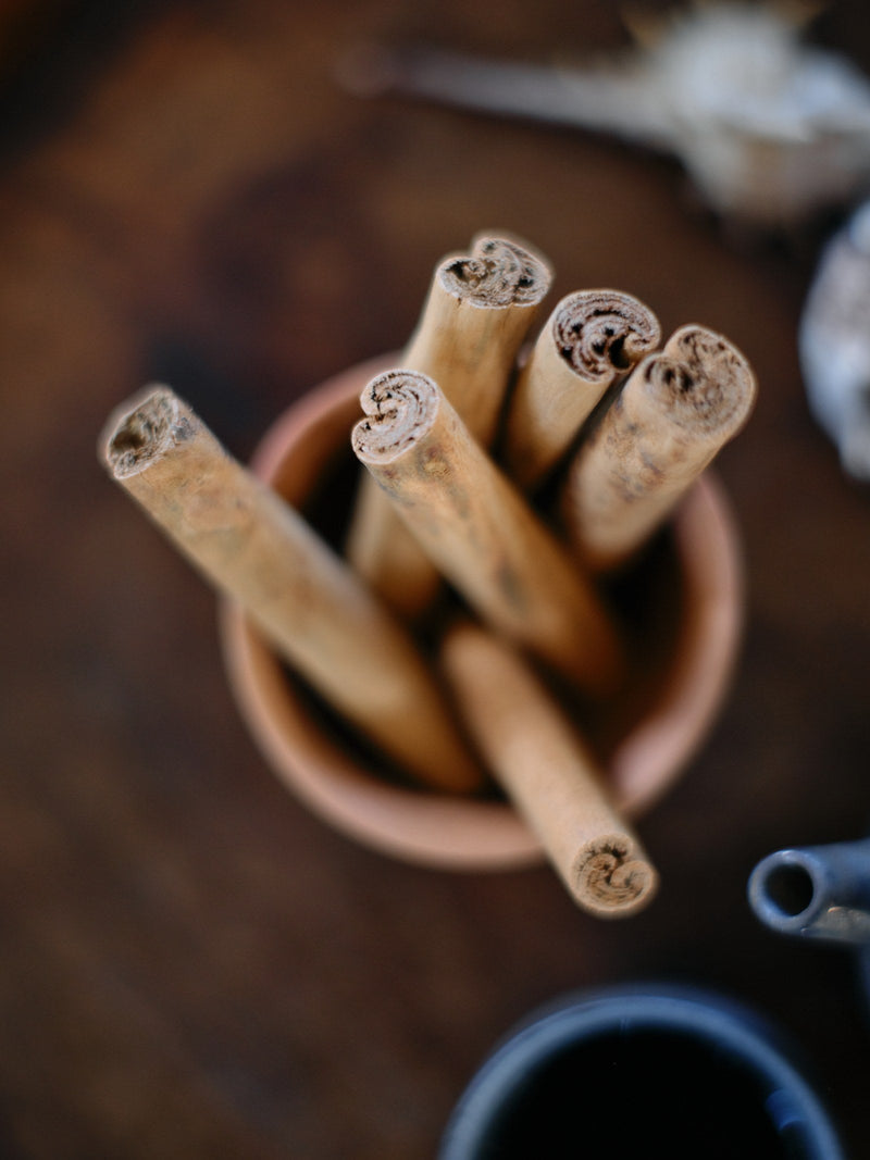 Cinnamon sticks standing in a terracotta bowl on a dark timber table