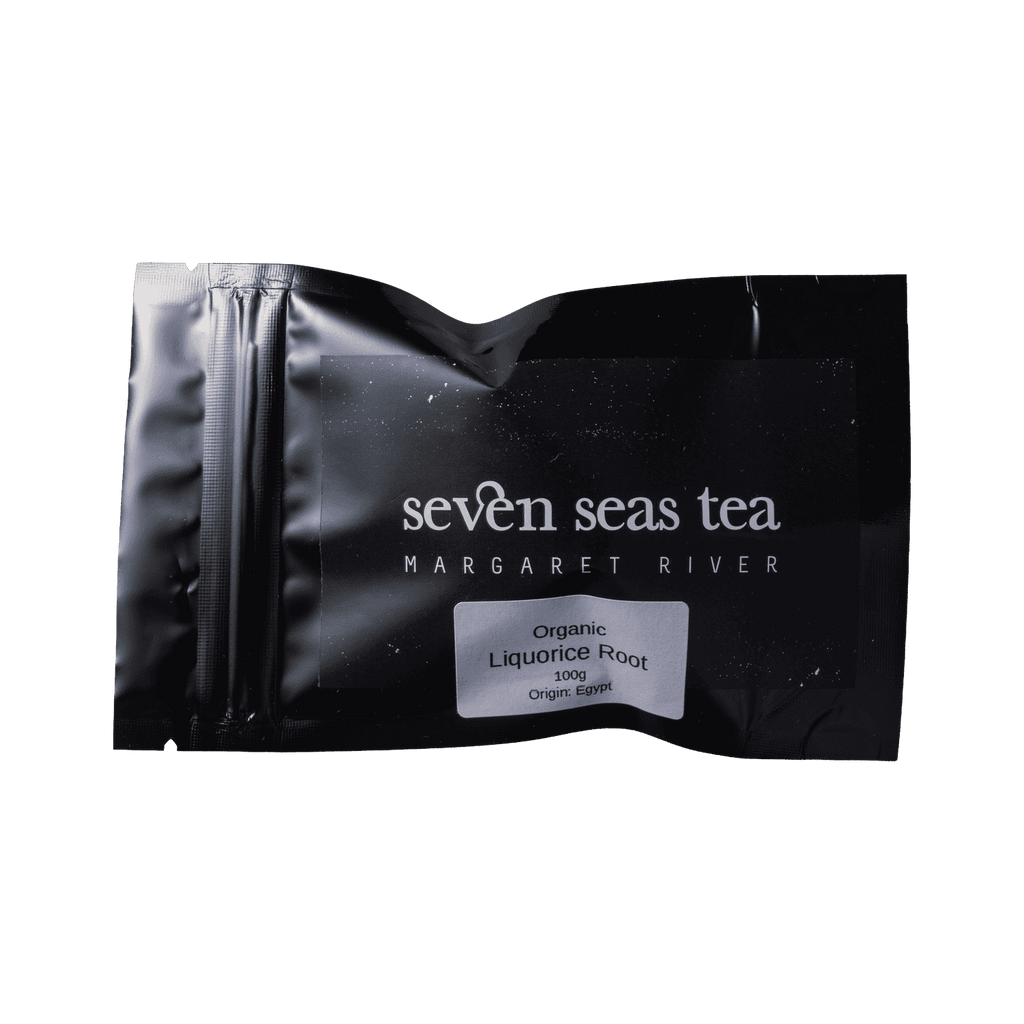 Organic Liquorice Root sample sachet, a small black Seven Seas Tea pack