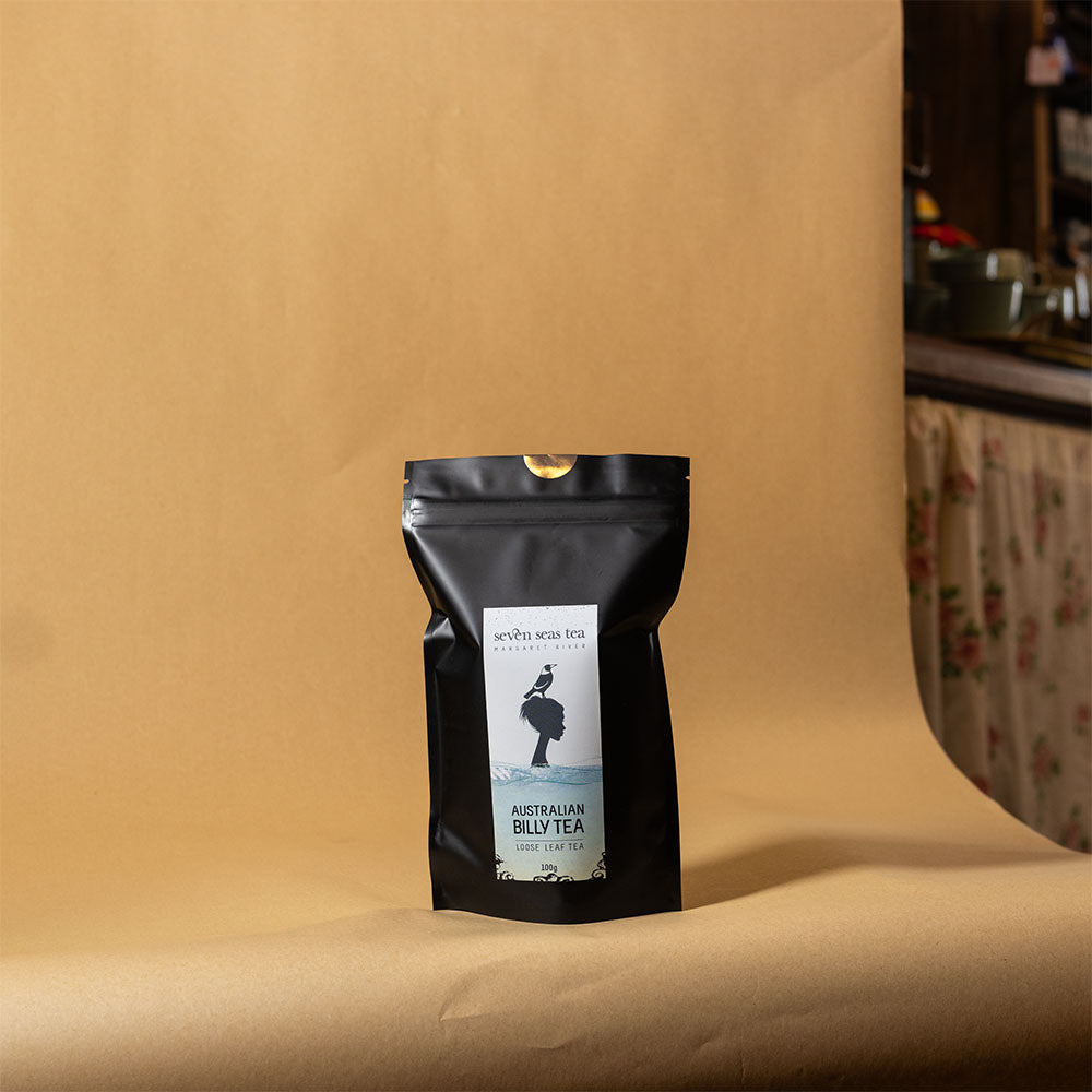 Australian Billy Tea pouch on a brown paper backdrop, Seven Seas Tea Margaret River