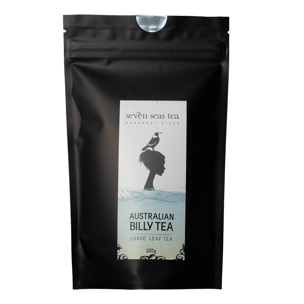 Black Seven Seas Tea pouch of Australian Billy Tea with a window showing the leaf