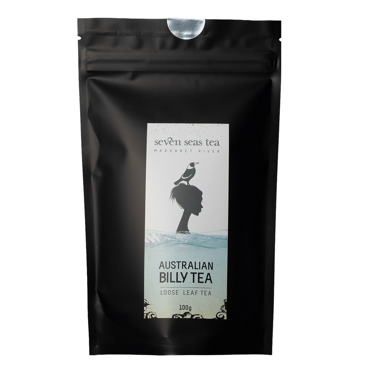 Black Seven Seas Tea pouch of Australian Billy Tea with a window showing the leaf