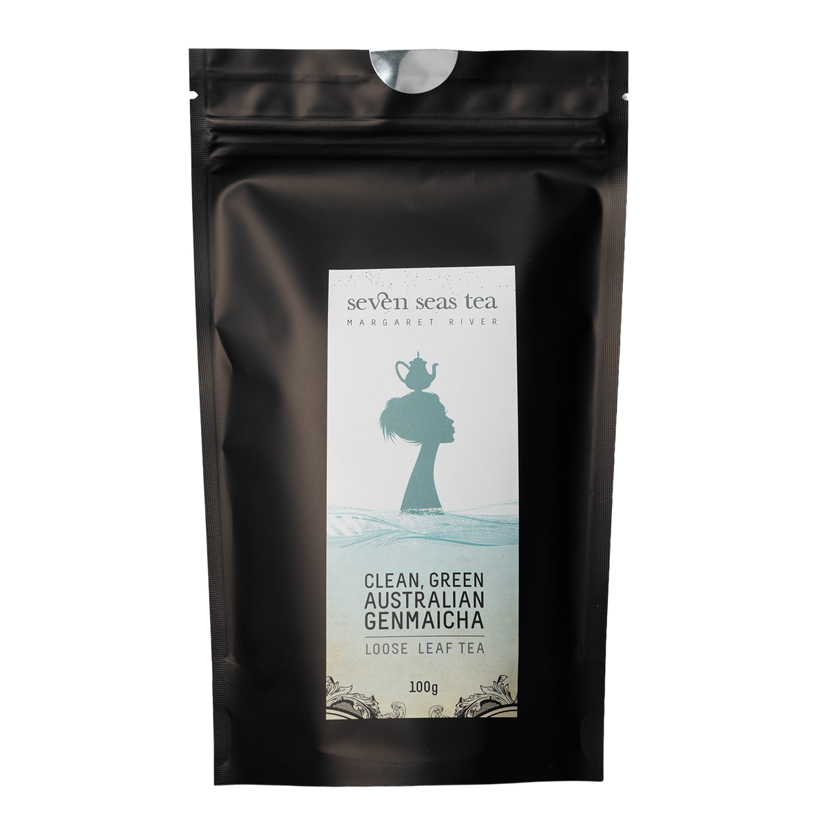 Black Seven Seas Tea pouch of Green Australian Genmaicha with a window showing the leaf