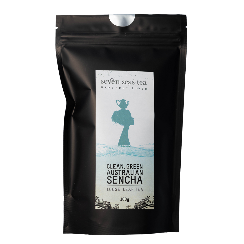 Black Seven Seas Tea pouch of Green Australian Sencha with a window showing the leaf