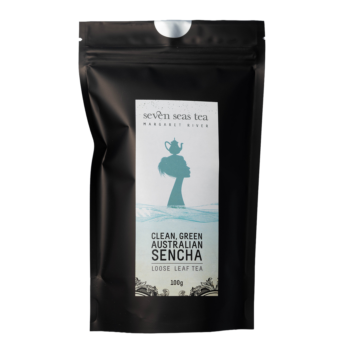 Black Seven Seas Tea pouch of Green Australian Sencha with a window showing the leaf