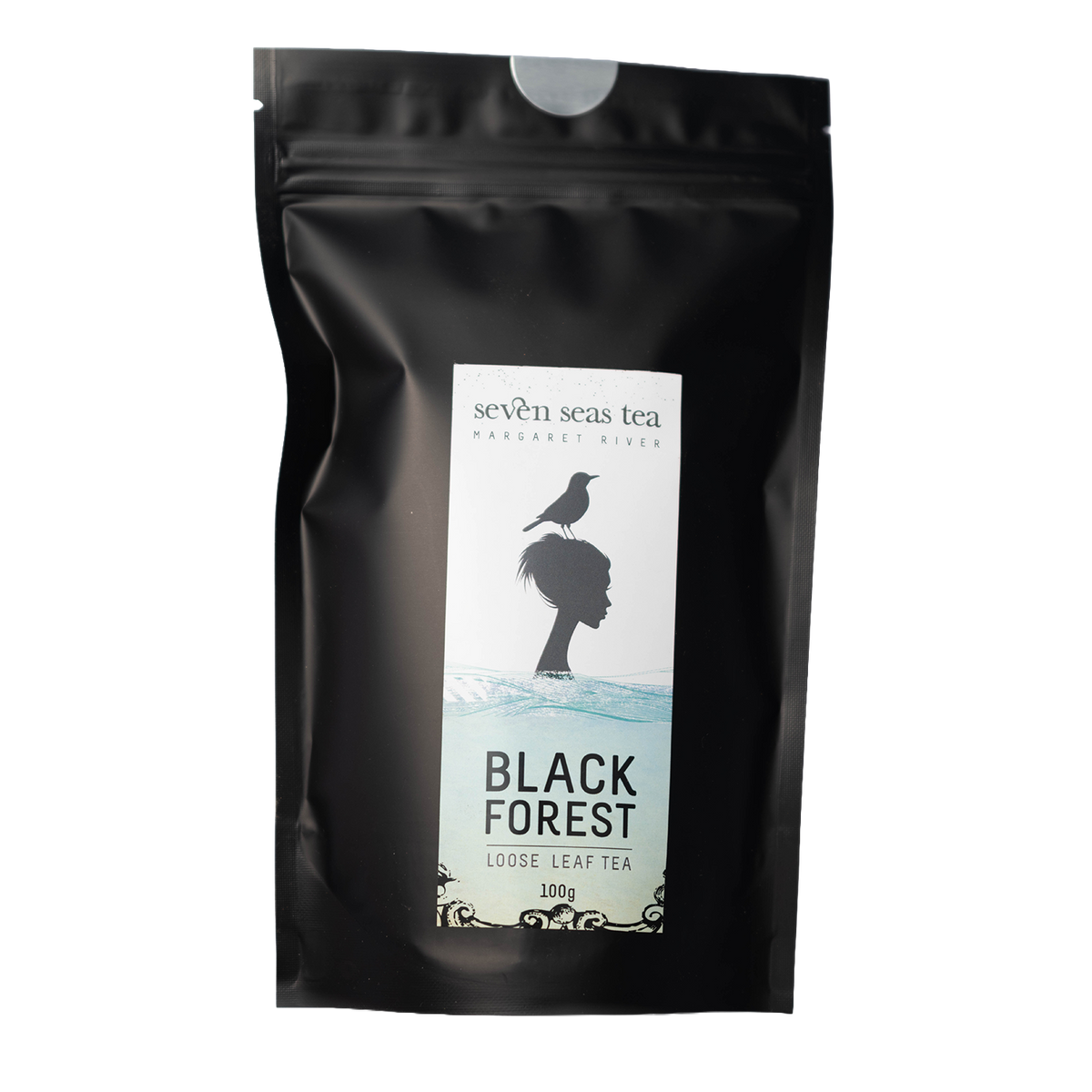 Black Seven Seas Tea pouch of Black Forest with a window showing the leaf