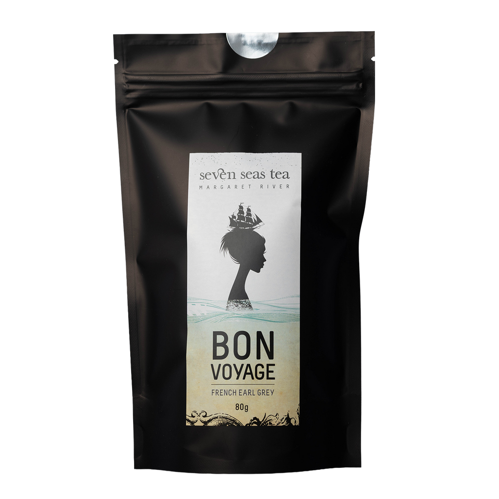 Black Seven Seas Tea pouch of Organic French Earl Grey with a window showing the leaf