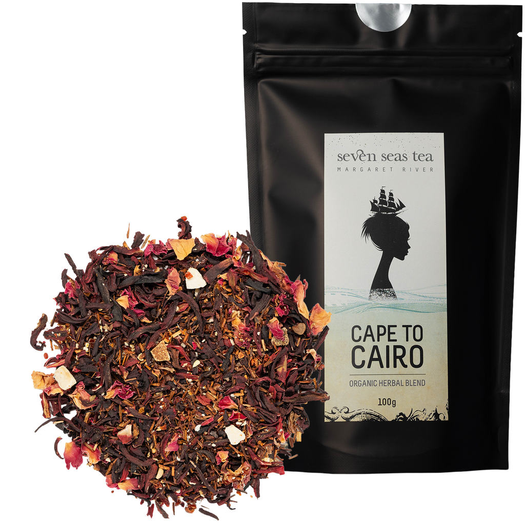Loose leaf Cape to Cairo piled beside its black Seven Seas Tea pouch