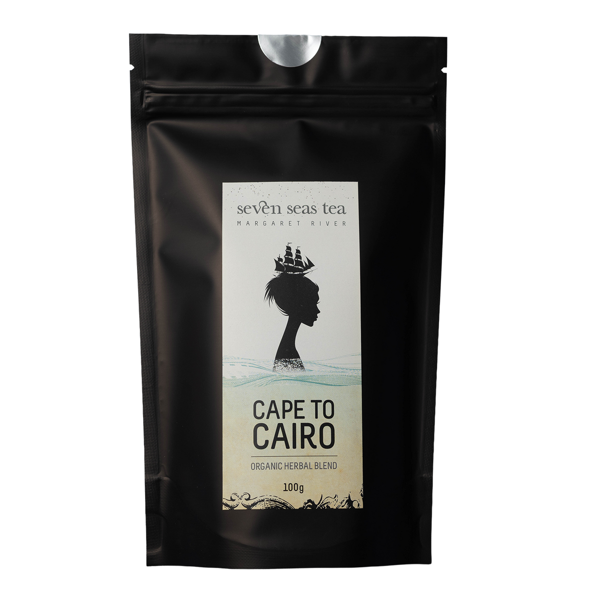Black Seven Seas Tea pouch of Cape to Cairo with a window showing the leaf