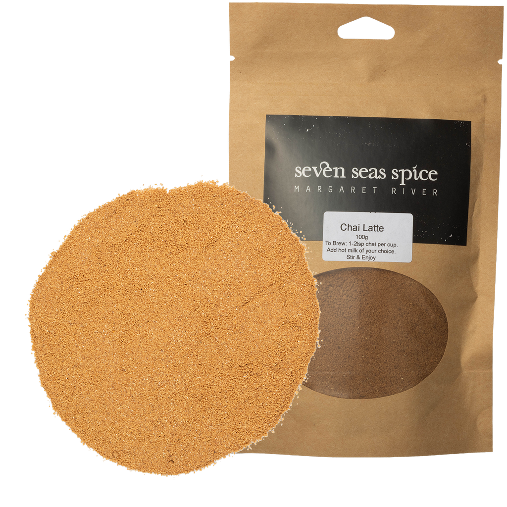 Chai Spiced Latte powder piled beside its kraft Seven Seas Tea pouch