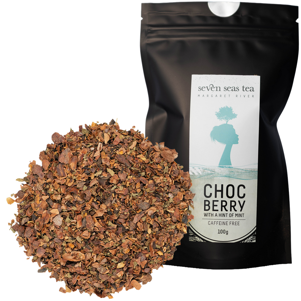 Loose leaf Choc Berry piled beside its black Seven Seas Tea pouch