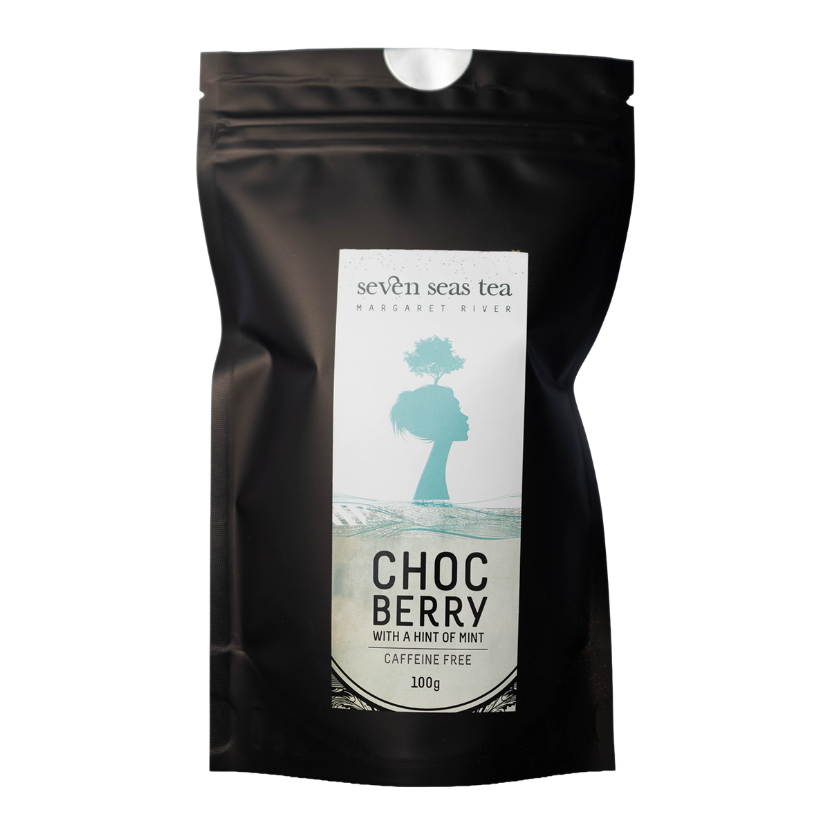 Black Seven Seas Tea pouch of Choc Berry with a window showing the leaf