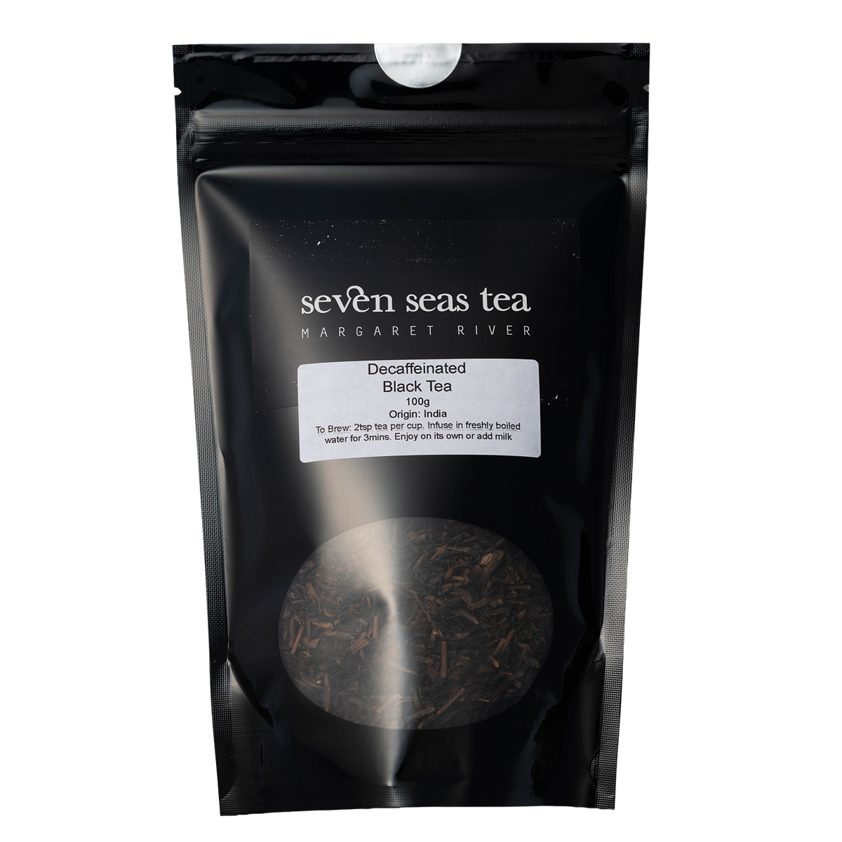 Black Seven Seas Tea pouch of Decaf Black Tea with a window showing the leaf
