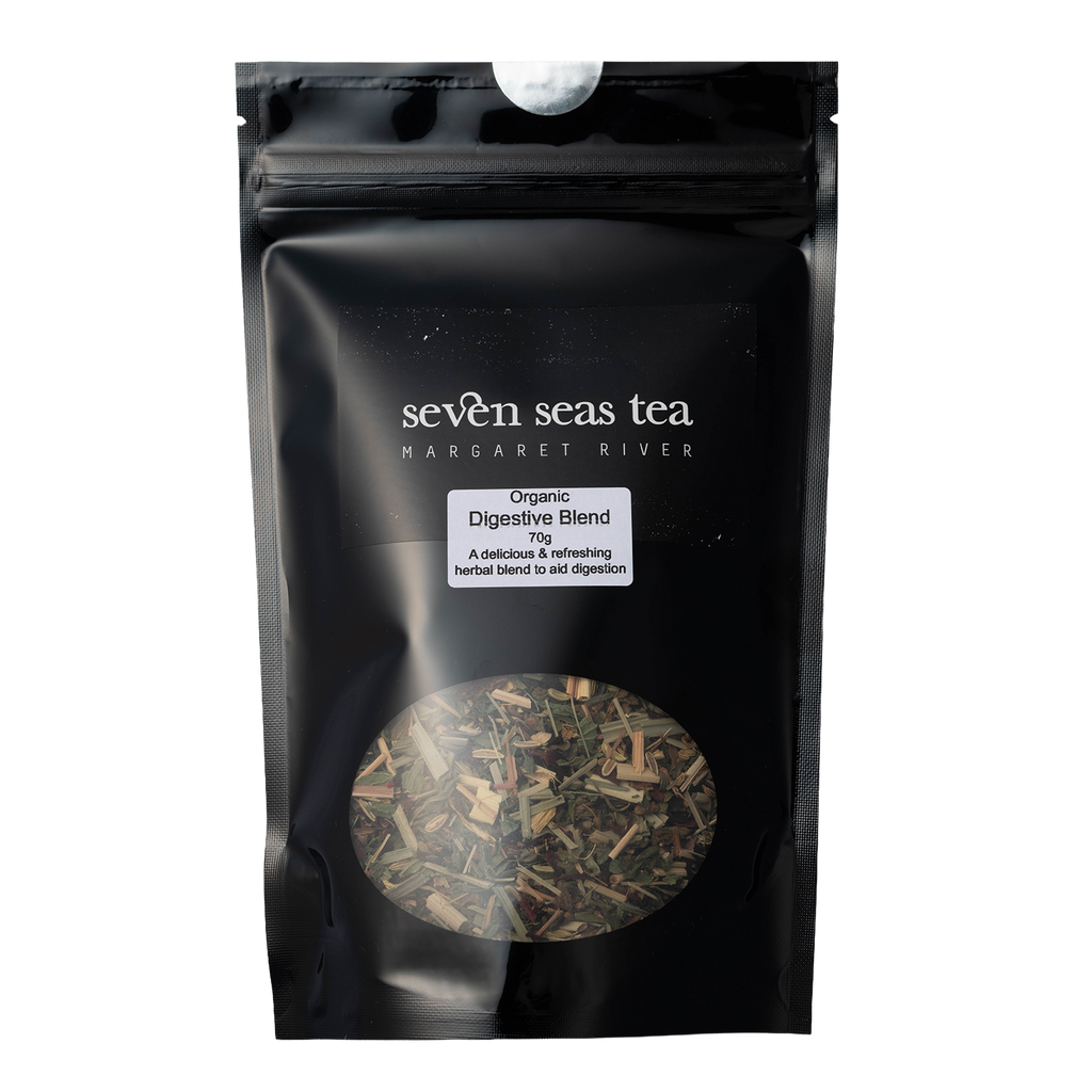 Black Seven Seas Tea pouch of Organic Digestive Blend with a window showing the leaf