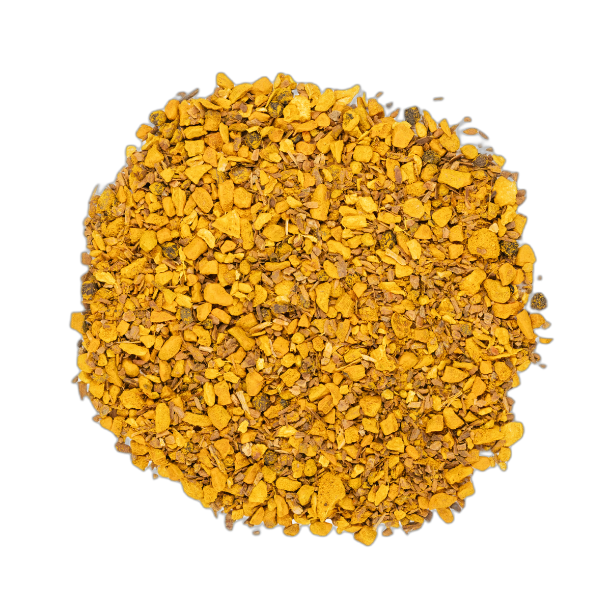 Close up of Golden Turmeric Chai loose leaf blend spread flat