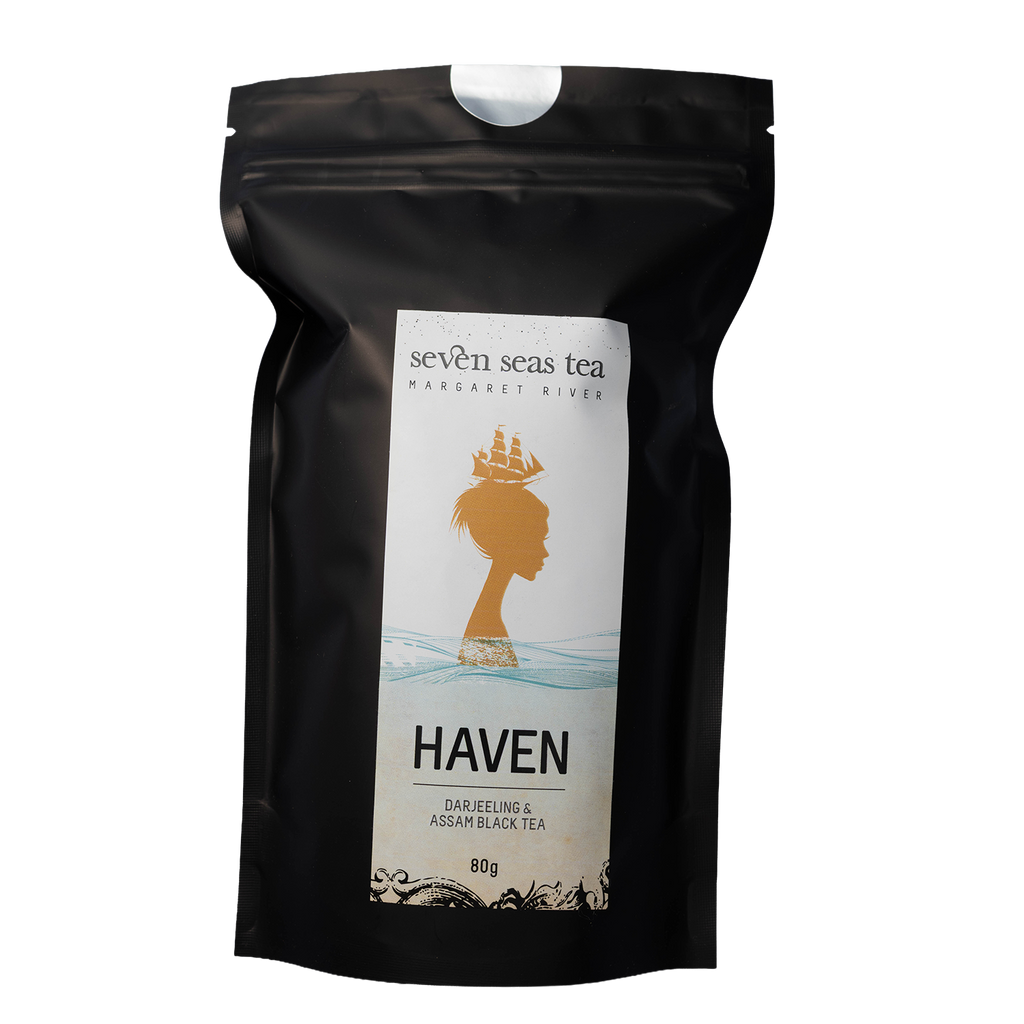 Black Seven Seas Tea pouch of Haven with a window showing the leaf