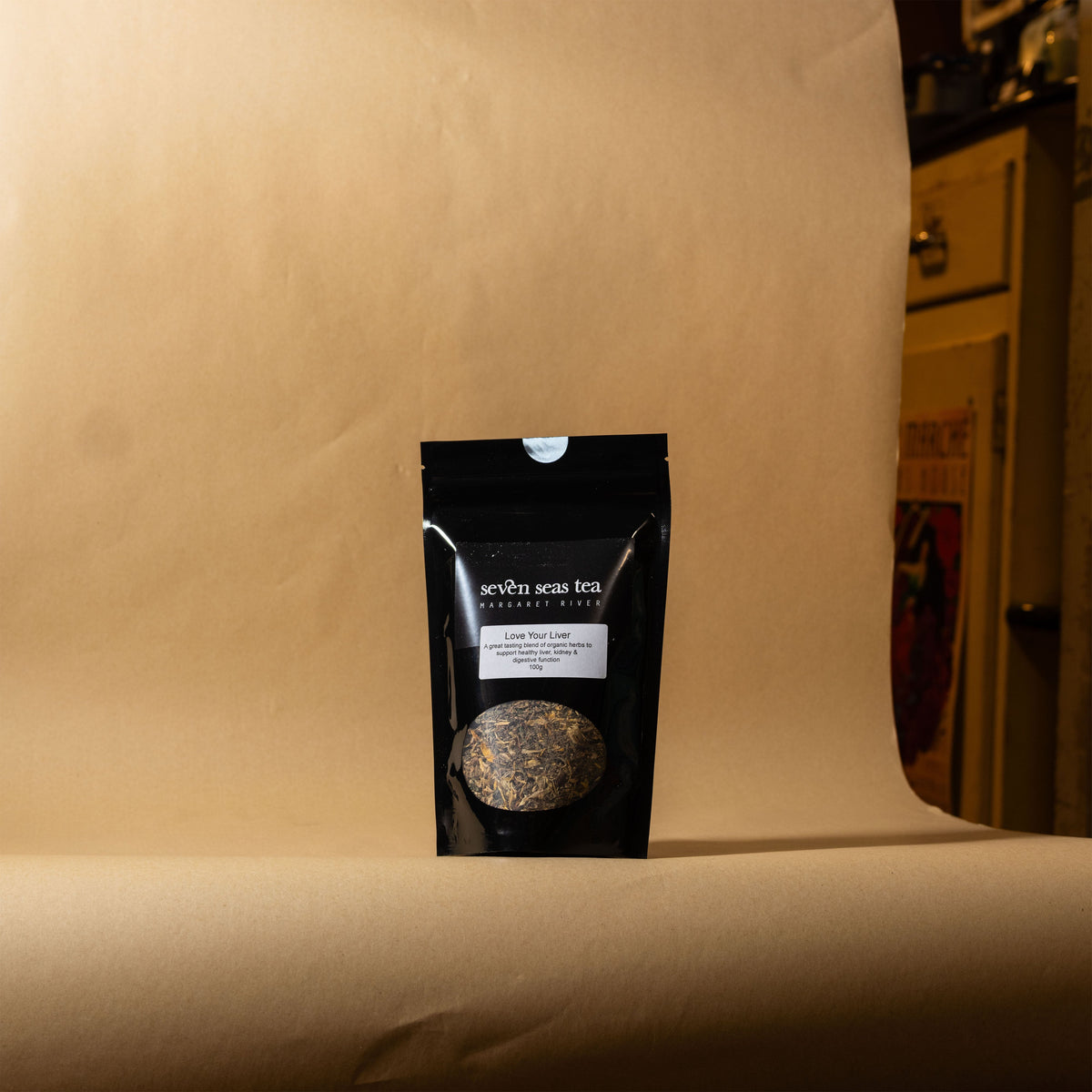 Love Your Liver pouch on a brown paper backdrop, Seven Seas Tea Margaret River