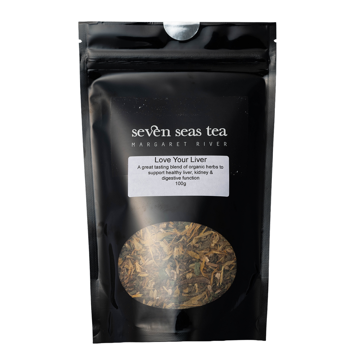 Black Seven Seas Tea pouch labelled Love Your Liver with a window showing the leaf