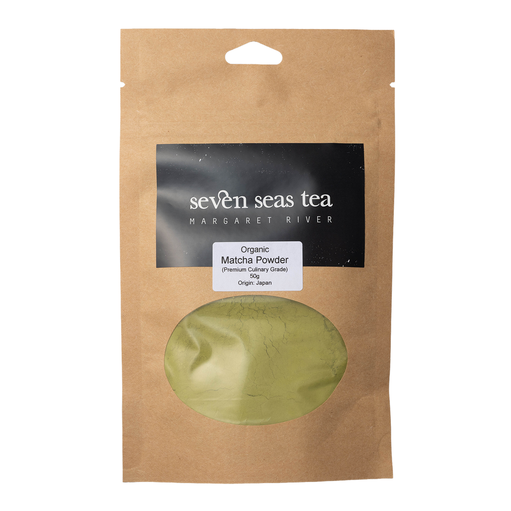 Kraft Seven Seas Tea pouch of Organic Matcha Powder with a window showing the powder