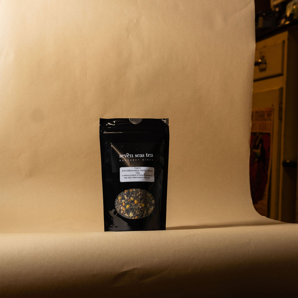 Organic Anti Inflammatory Blend pouch on a brown paper backdrop, Seven Seas Tea Margaret River