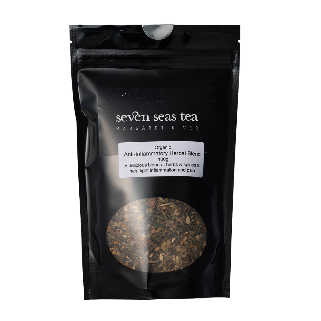 Black Seven Seas Tea pouch of Organic Anti Inflammatory Blend with a window showing the leaf