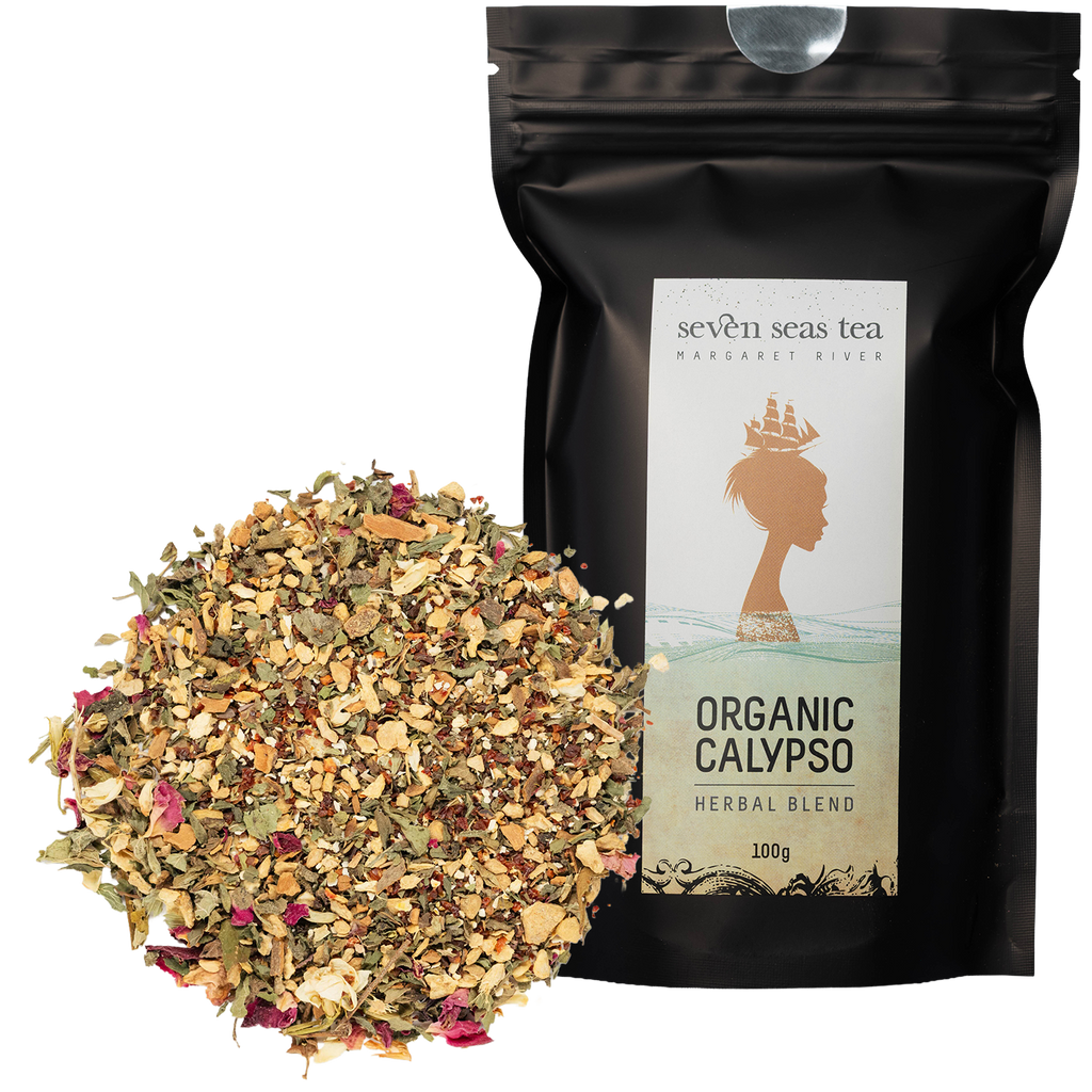 Loose leaf Calypso piled beside its black Seven Seas Tea pouch
