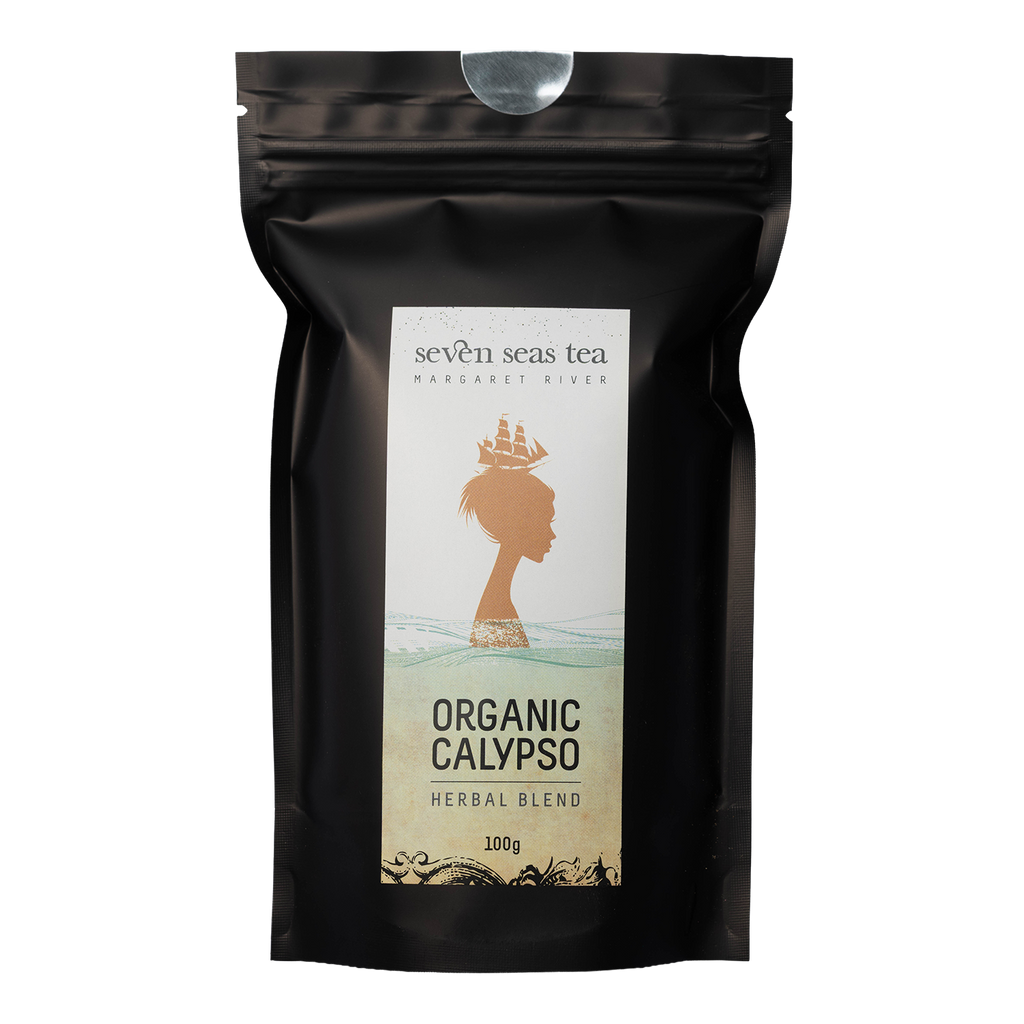 Black Seven Seas Tea pouch of Calypso with a window showing the leaf