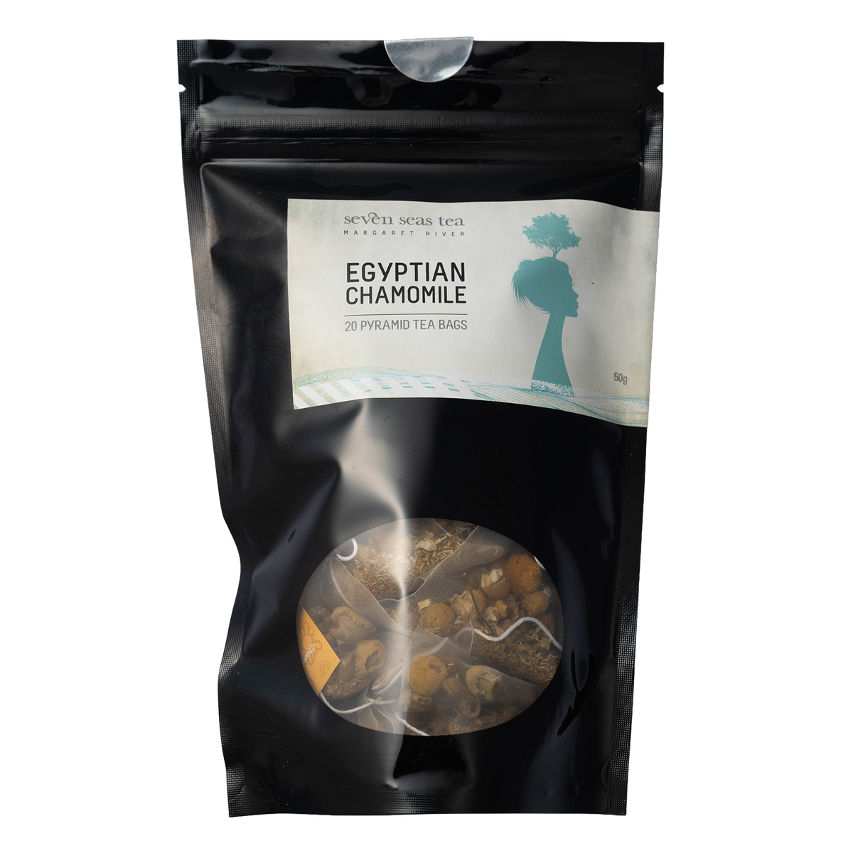 Black pouch of Organic Chamomile Teabags with a pyramid bag in the window