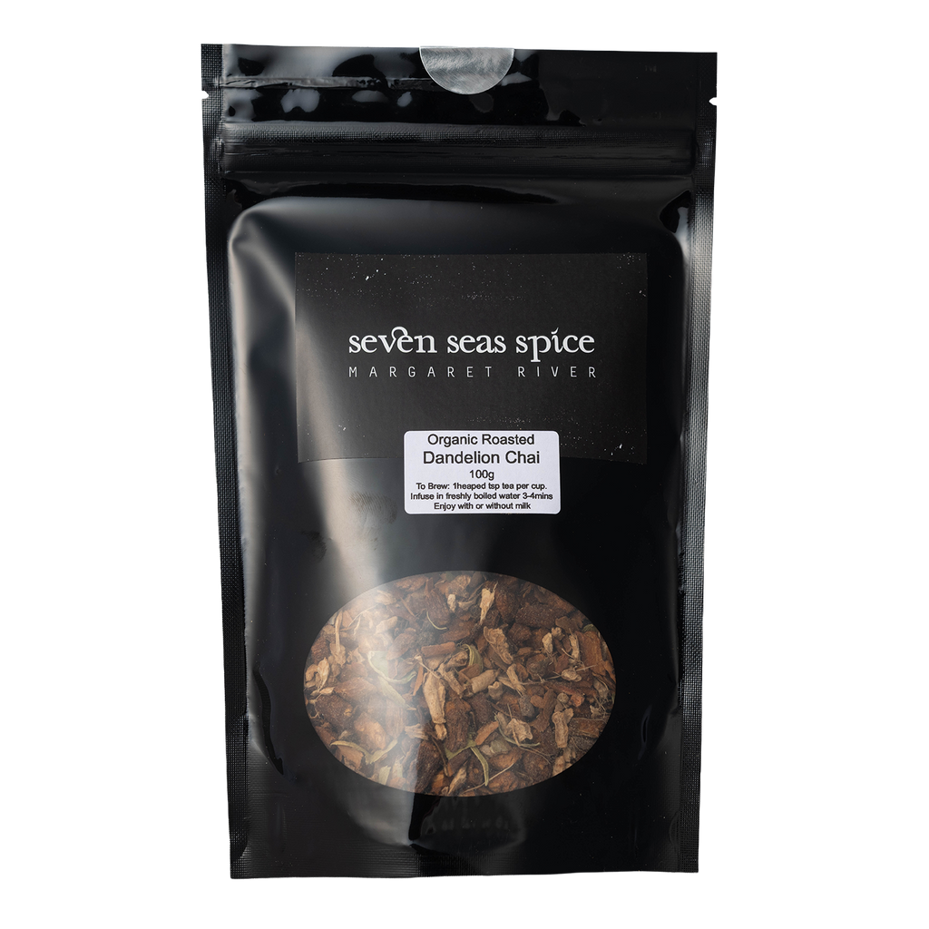 Black Seven Seas Tea pouch of Organic Dandelion Chai with a window showing the leaf