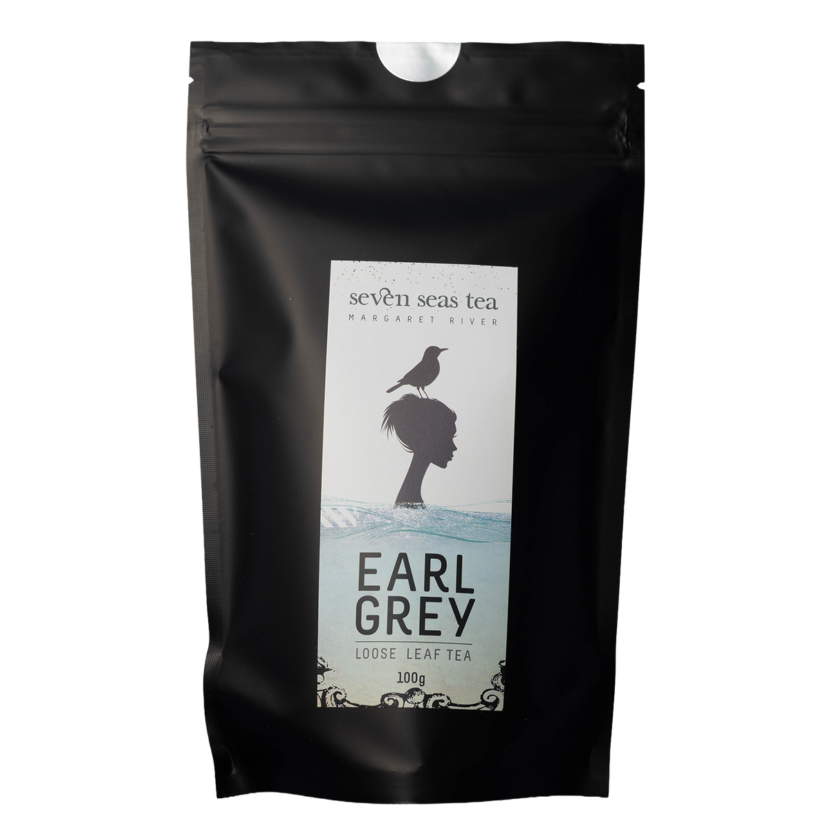 Black Seven Seas Tea pouch of Organic Earl Grey with a window showing the leaf