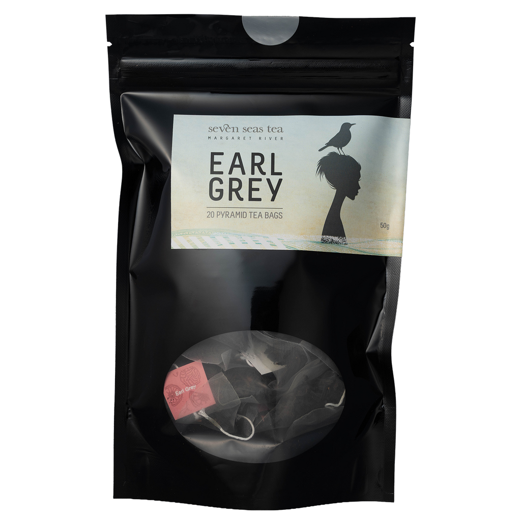 Black pouch of Organic Earl Grey Teabags with a pyramid bag in the window