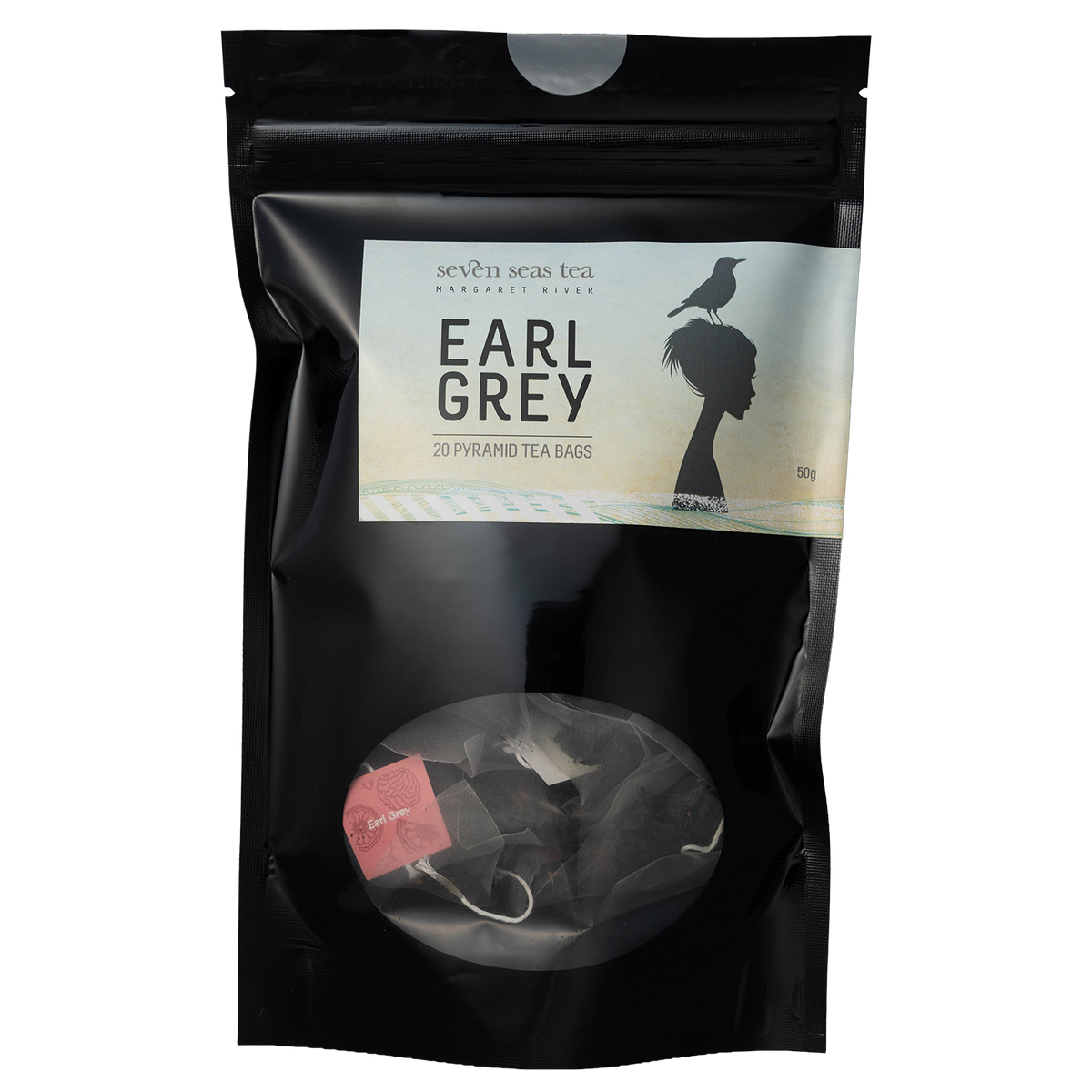 Black pouch of Organic Earl Grey Teabags with a pyramid bag in the window