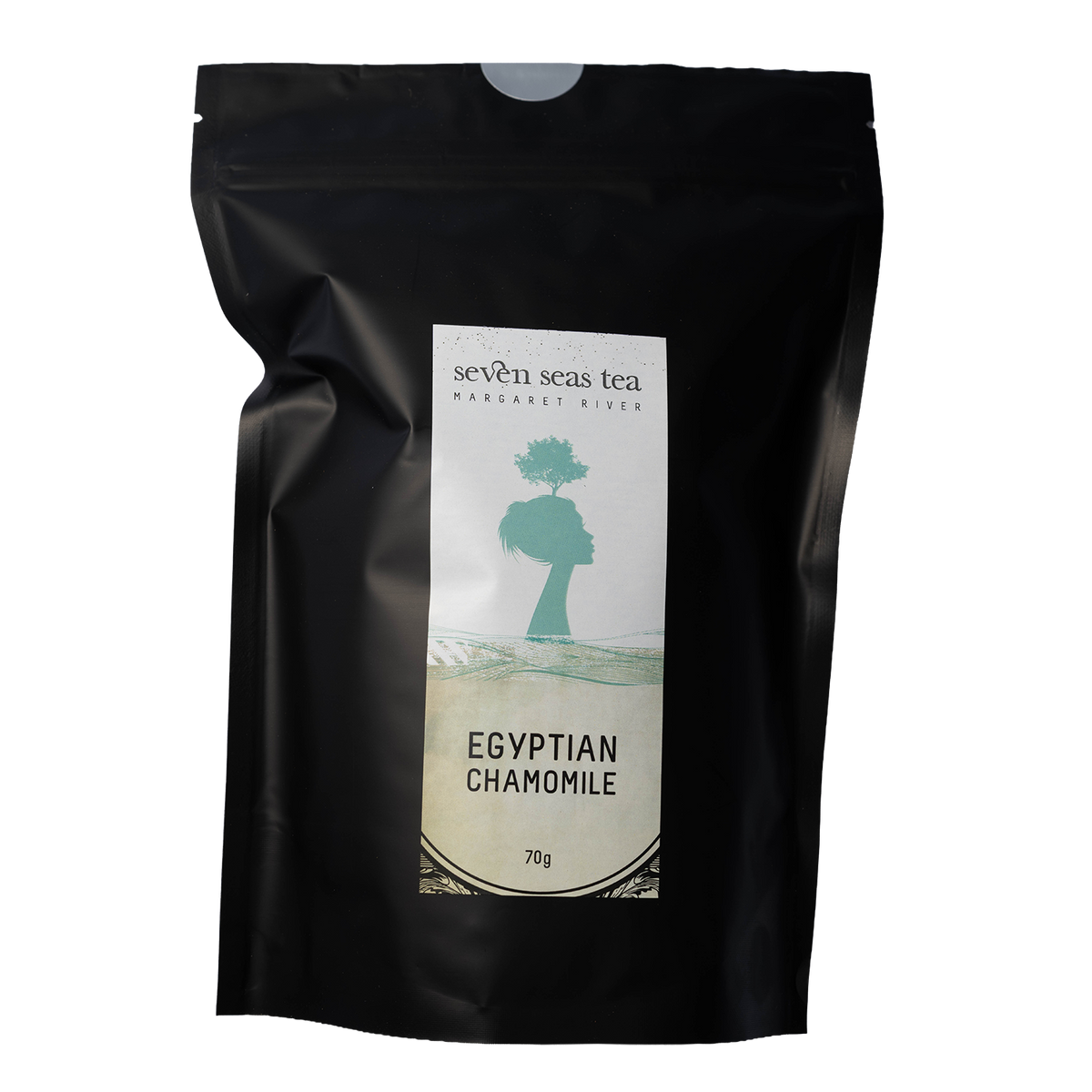 Black Seven Seas Tea pouch of Organic Egyptian Chamomile with a window showing the leaf