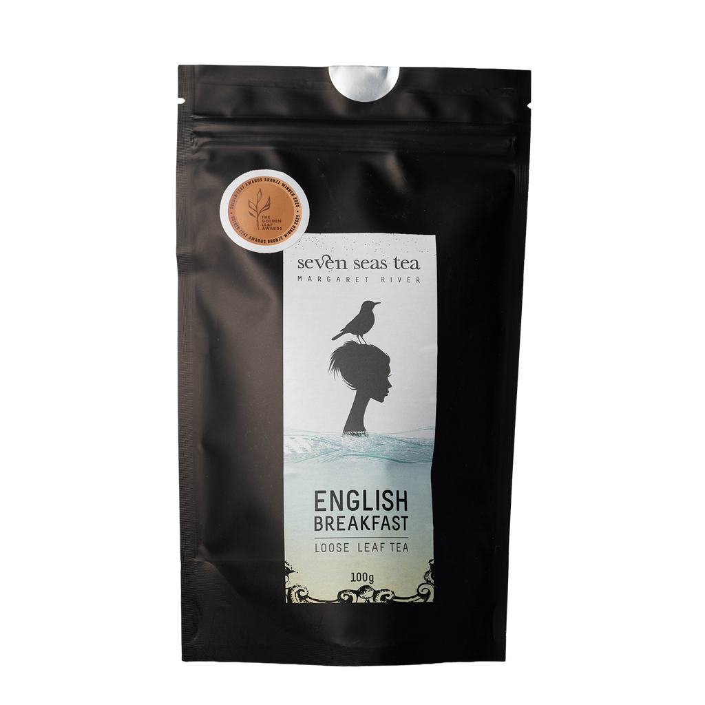 Black Seven Seas Tea pouch of Organic English Breakfast with a window showing the leaf