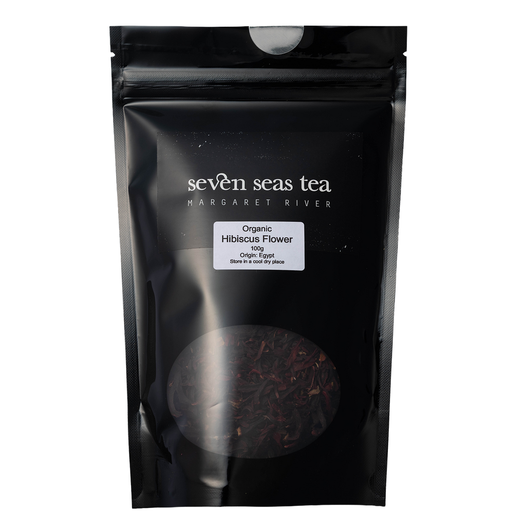 Black Seven Seas Tea pouch of Organic Hibiscus Tea with a window showing the leaf