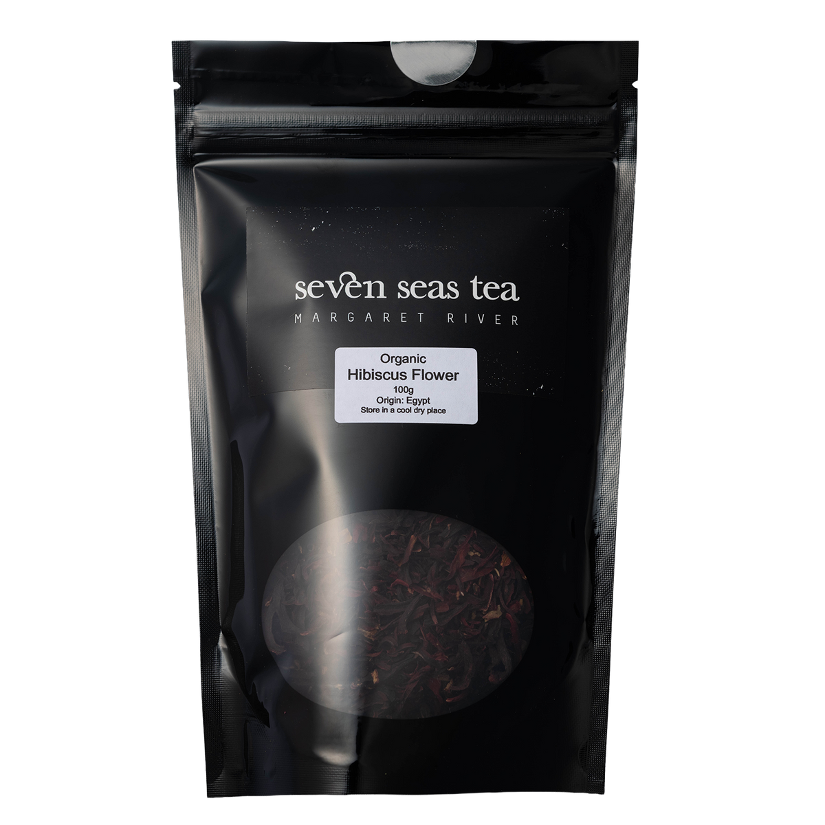 Black Seven Seas Tea pouch of Organic Hibiscus Tea with a window showing the leaf