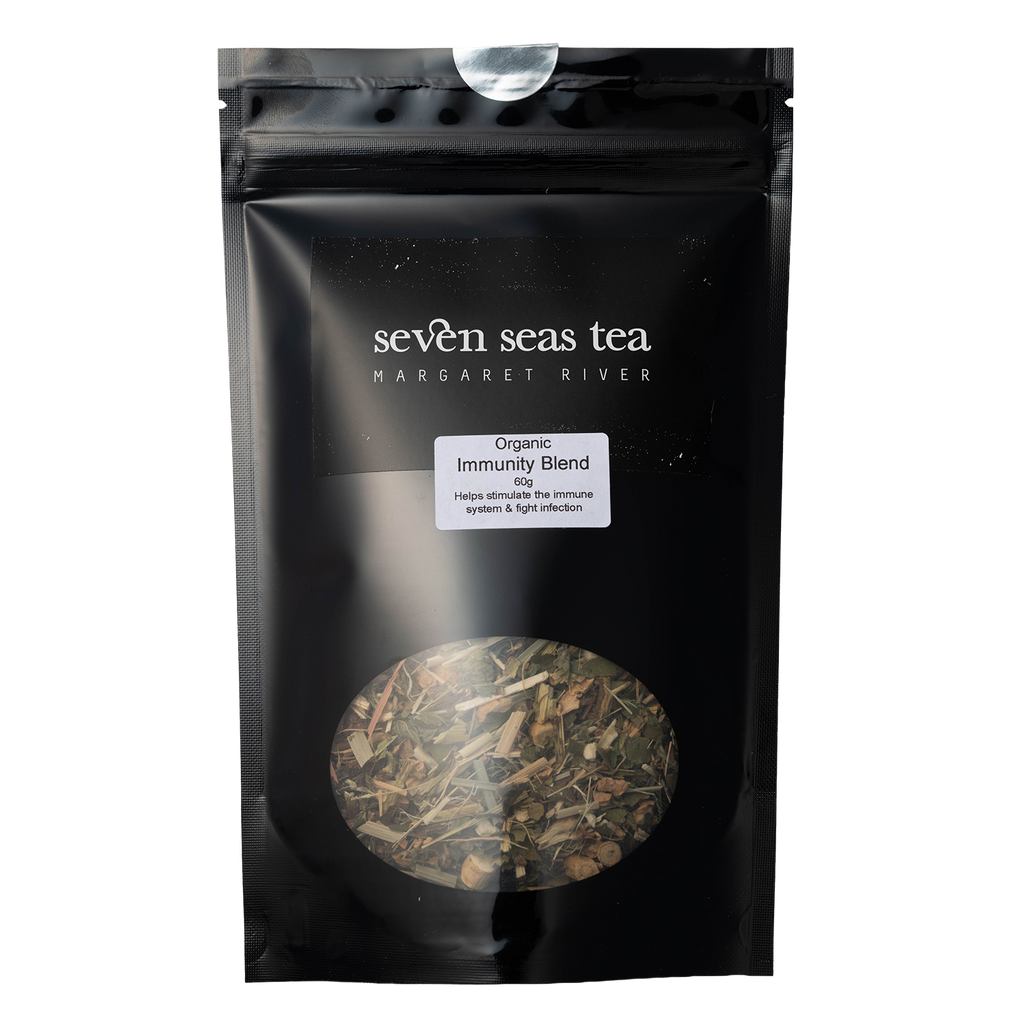 Black Seven Seas Tea pouch of Organic Immunity Blend with a window showing the leaf