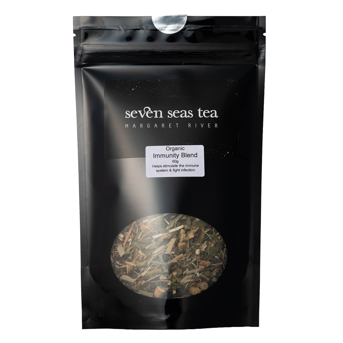 Black Seven Seas Tea pouch of Organic Immunity Blend with a window showing the leaf