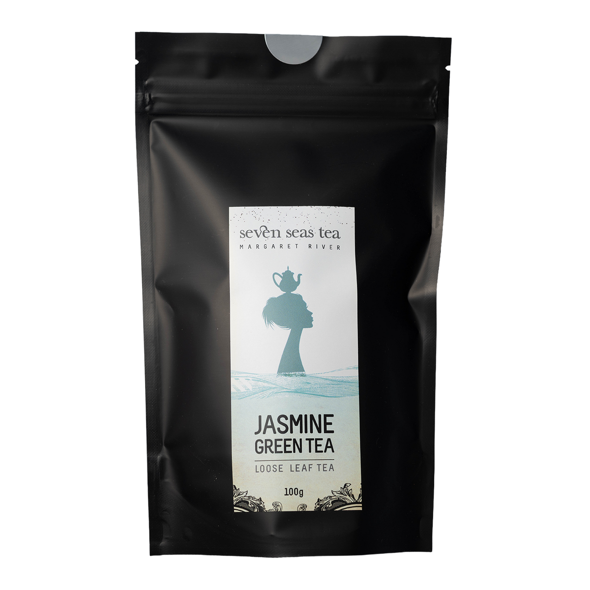 Black Seven Seas Tea pouch of Organic Jasmine Green Tea with a window showing the leaf