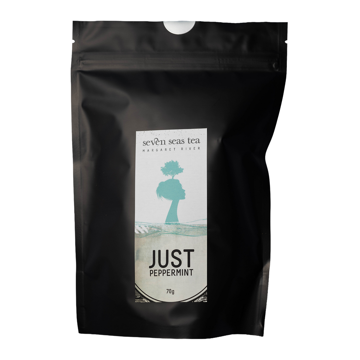 Black Seven Seas Tea pouch of Organic Peppermint with a window showing the leaf