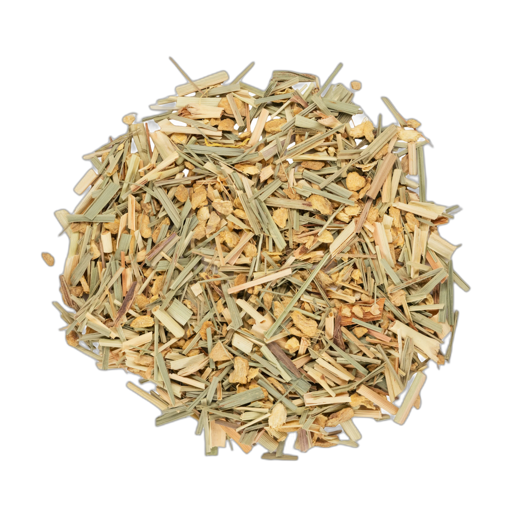 Close up of Organic Lemongrass and Ginger loose leaf blend spread flat