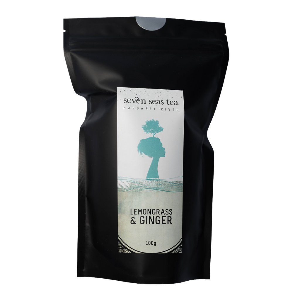 Black Seven Seas Tea pouch of Organic Lemongrass and Ginger with a window showing the leaf