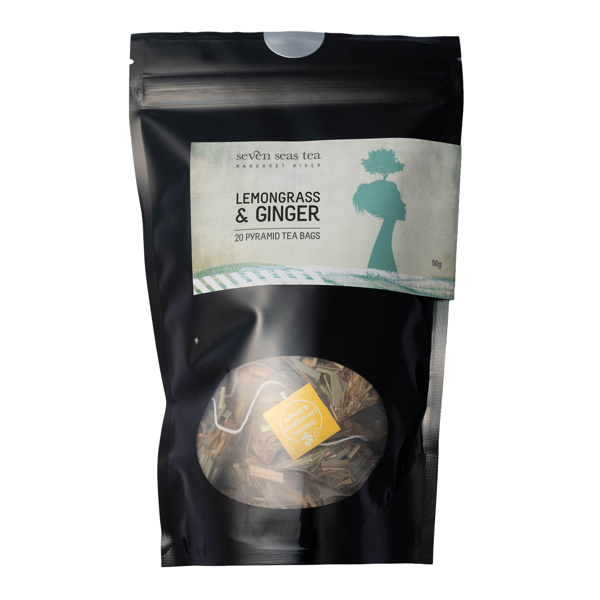 Black pouch of Organic Lemongrass and Ginger Teabags with a pyramid bag in the window