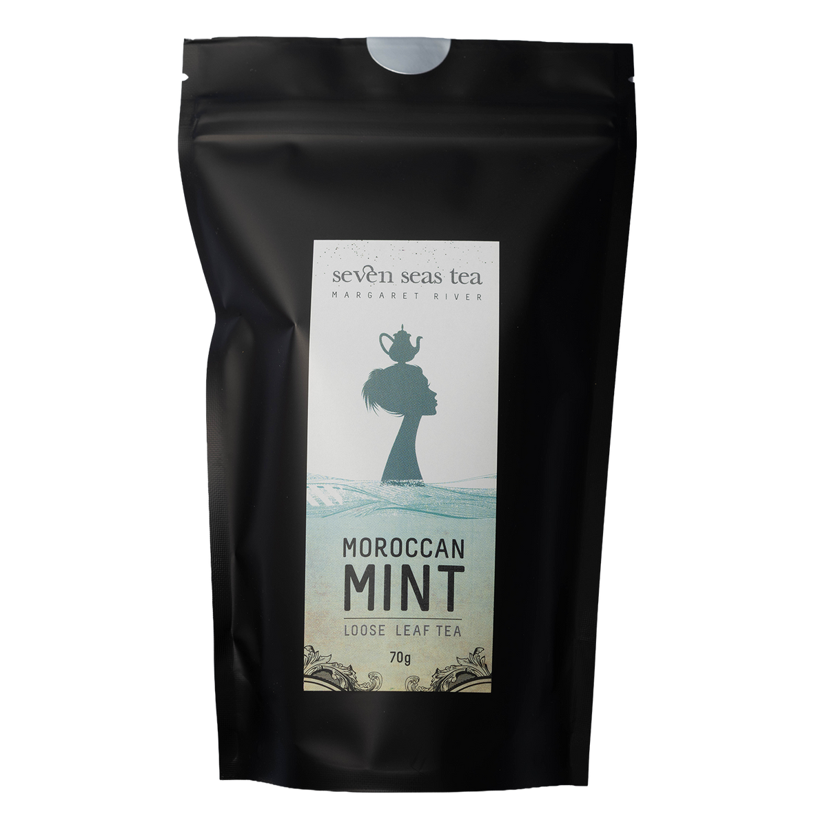 Black Seven Seas Tea pouch of Organic Moroccan Mint with a window showing the leaf