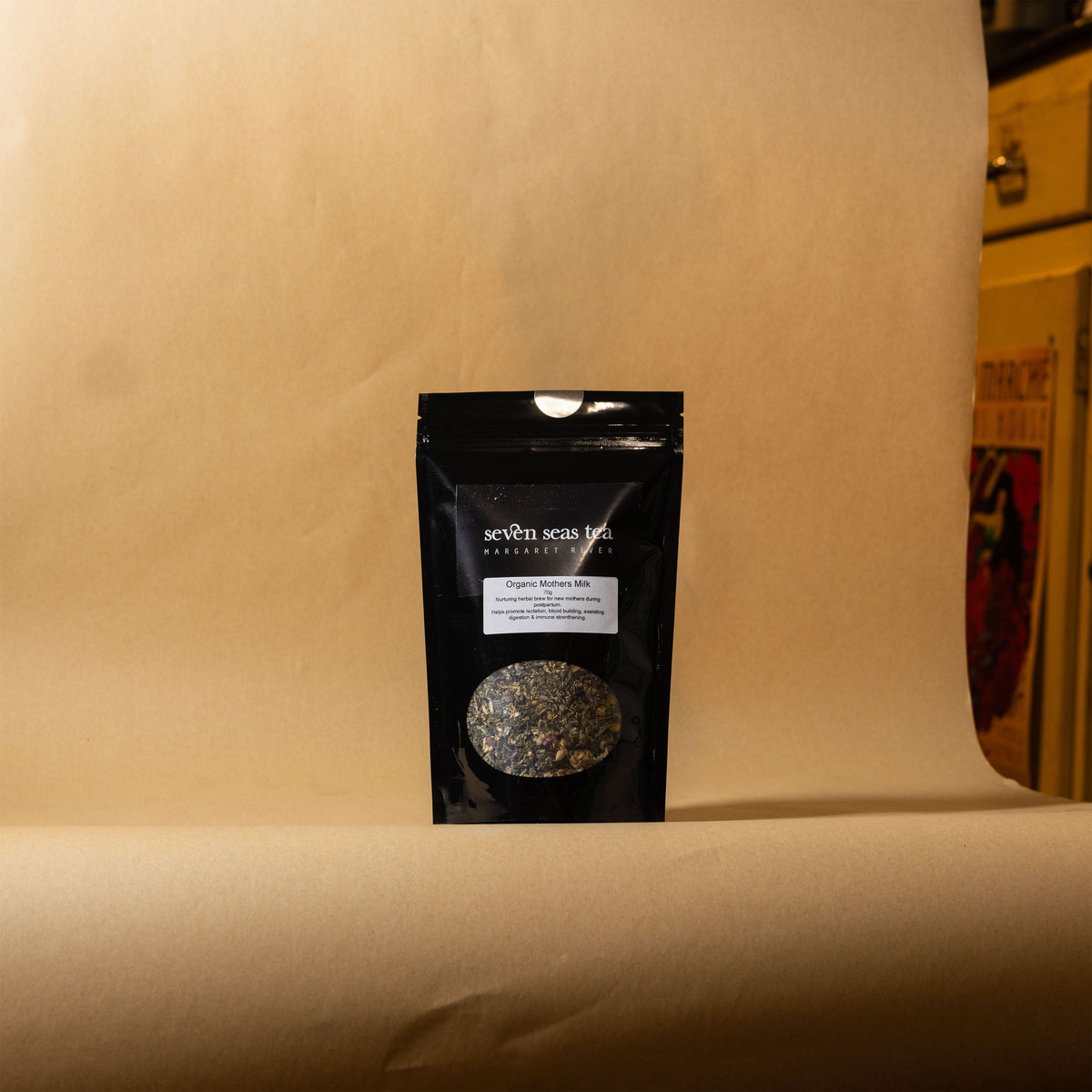 Organic Mothers Milk pouch on a brown paper backdrop, Seven Seas Tea Margaret River