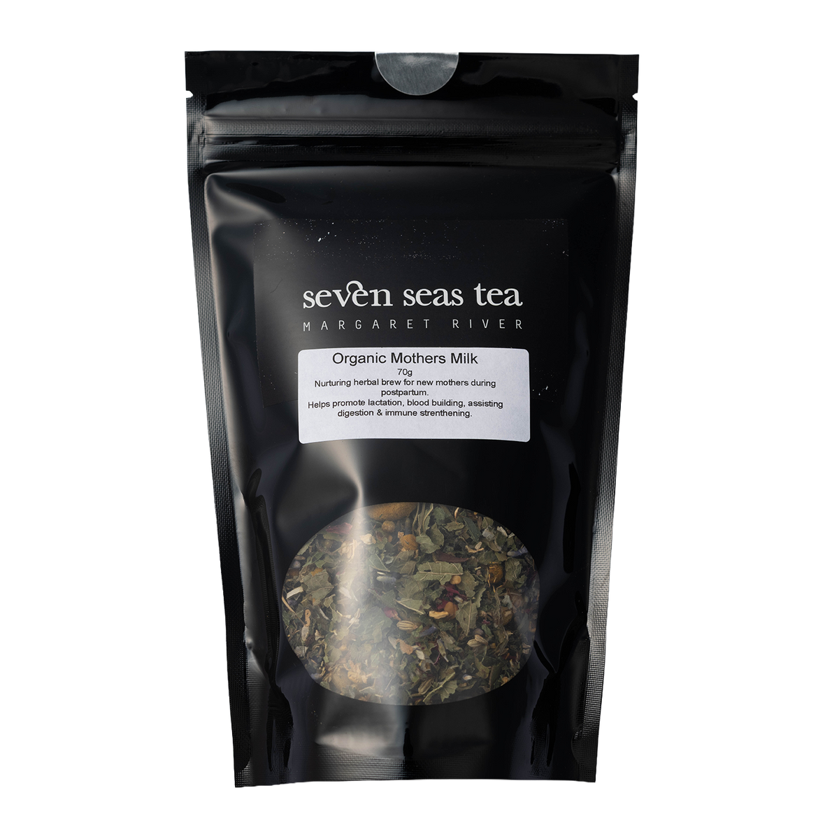 Black Seven Seas Tea pouch of Organic Mothers Milk with a window showing the leaf
