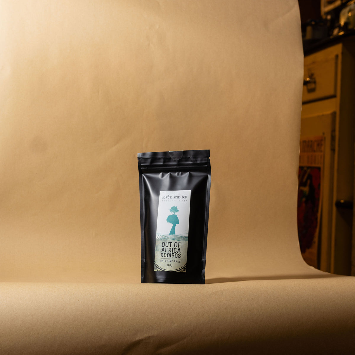 Organic Out of Africa Rooibos pouch on a brown paper backdrop, Seven Seas Tea Margaret River