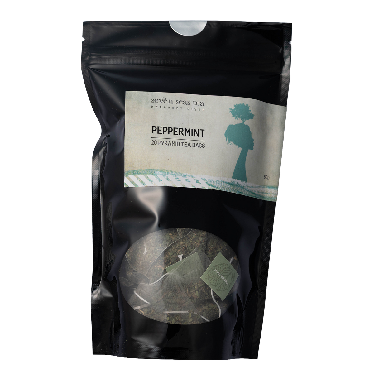 Black pouch of Organic Peppermint Teabags with a pyramid bag in the window