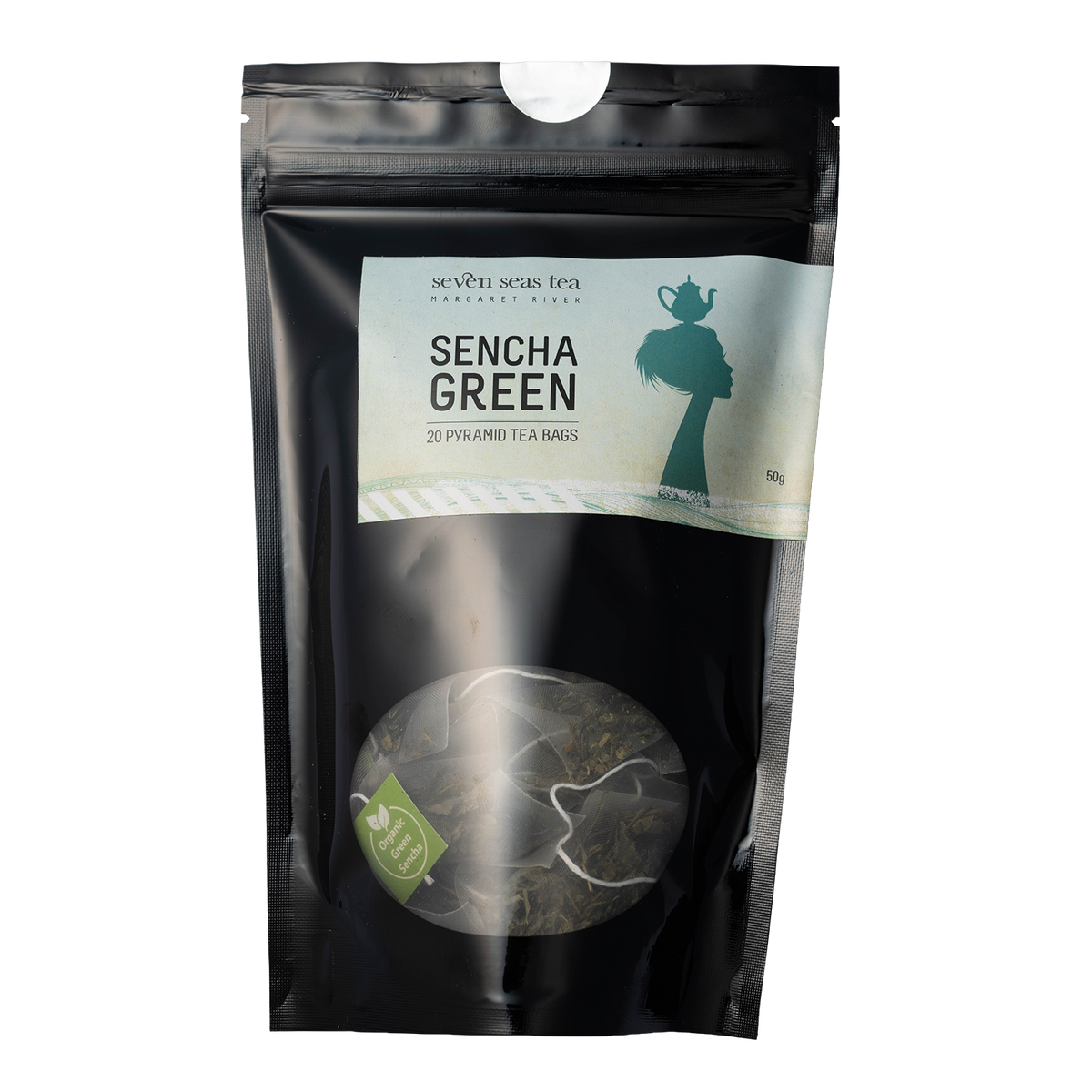 Black pouch of Organic Sencha Green Teabags with a pyramid bag in the window