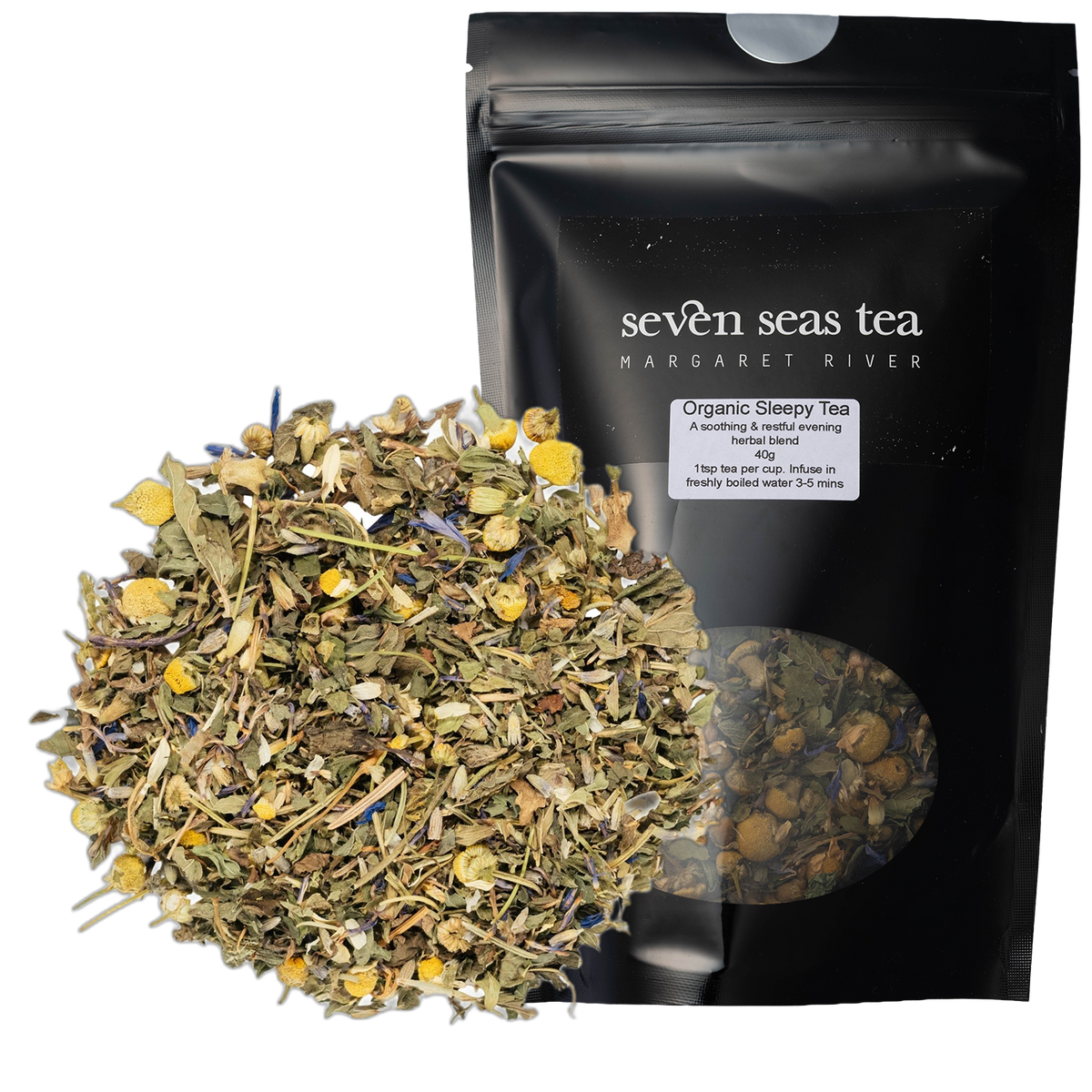 Loose leaf Organic Sleepy Blend piled beside its black Seven Seas Tea pouch