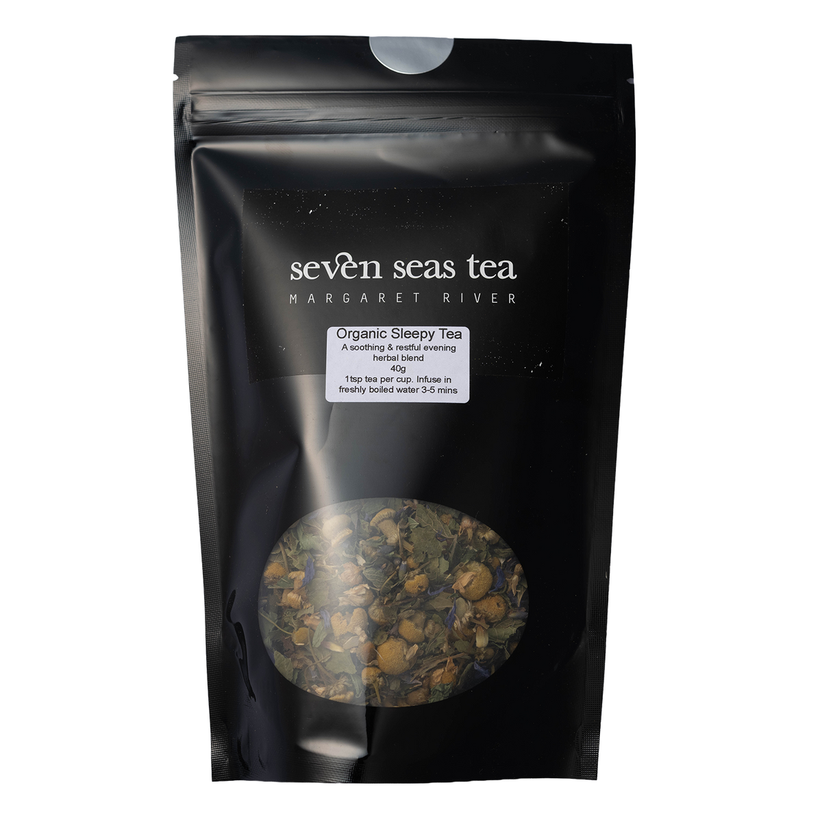 Black Seven Seas Tea pouch of Organic Sleepy Blend with a window showing the leaf